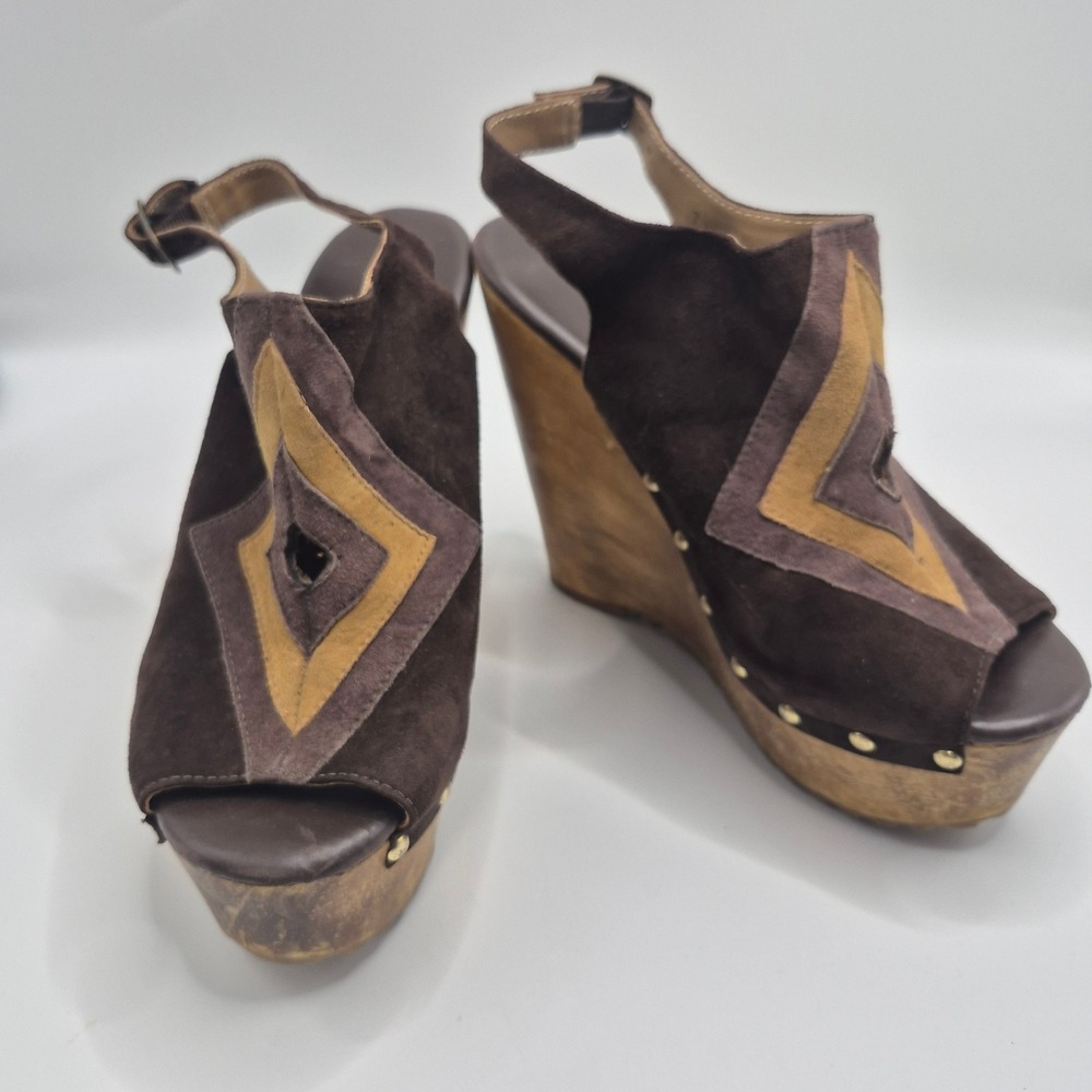 Madison Harding Brown Suede Patchwork Wooden Platform Wedge Sandals Womens 7